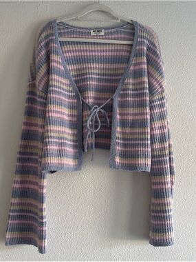NYC Knits Pastel Striped Bell Sleeve Front Tie Cardigan